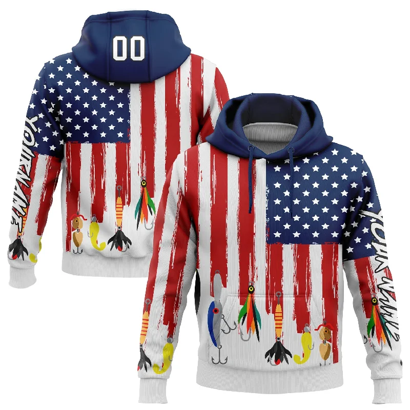 Women's Camouflage Hoodies-Custom Stitched White US Navy Blue Red-Black 3D American Flag And Fish Hook Fishing Bait Sports Pullover Sweatshirt Hoodie