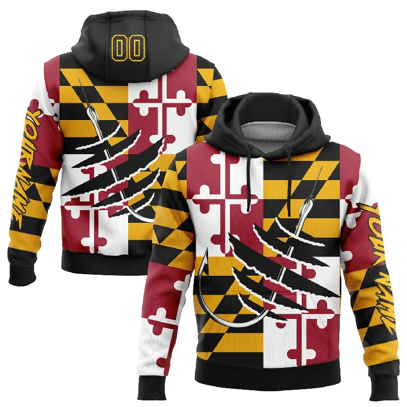 Women's Distressed Hoodies-Custom Stitched Gold Black-Red 3D Maryland Flag And Fish Hook Fishing Sports Pullover Sweatshirt Hoodie