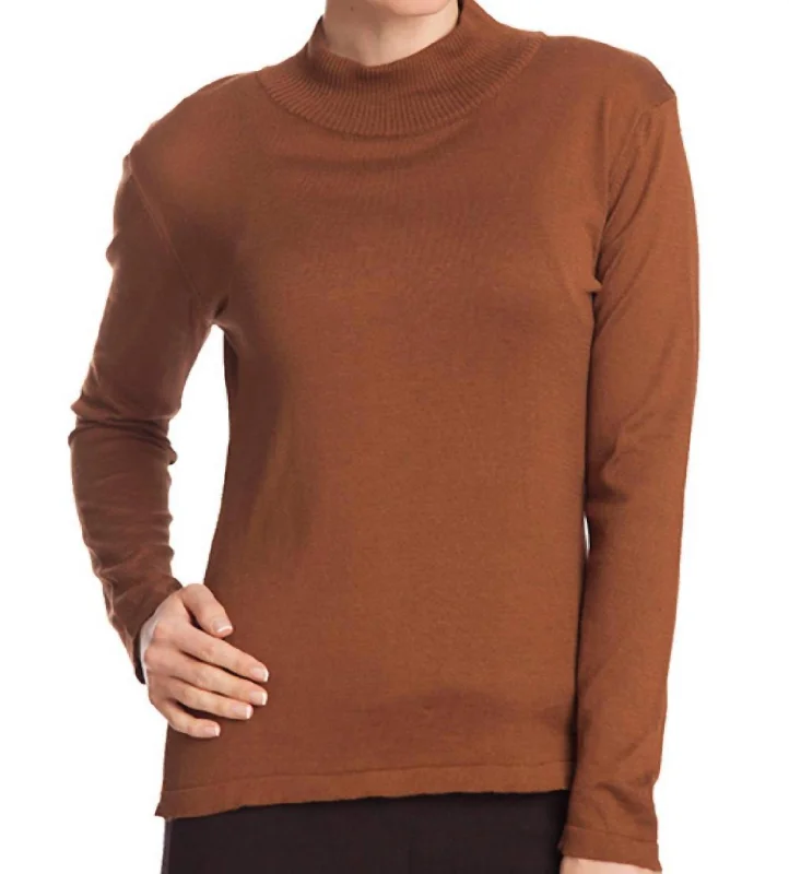 Women's Sequin Denim Pullovers-Long Sleeve Mock Neck Pullover In Mocha