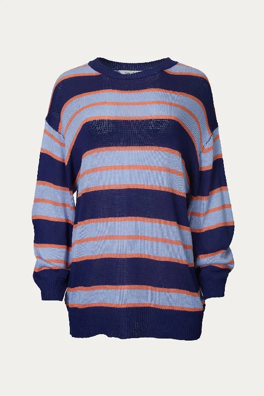 Women's Soft Pullovers-Striped Oversized Sweater In Navy