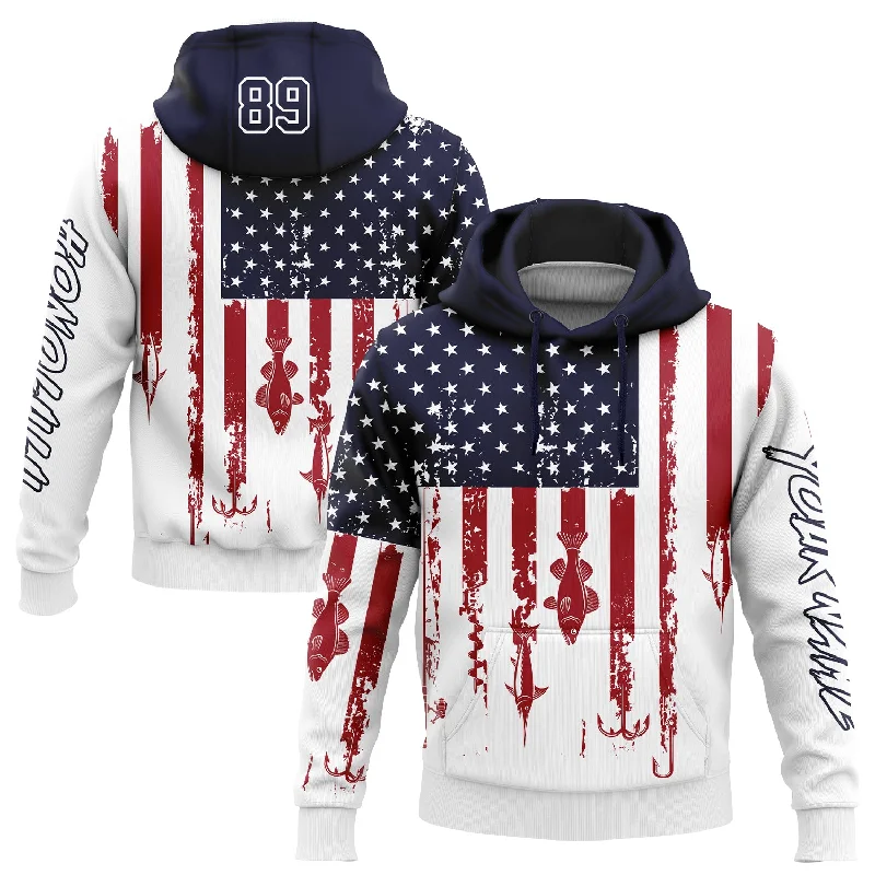 Women's Drawstring Hoodies-Custom Stitched White Navy-Red 3D American Flag And Fish Hook Fishing Sports Pullover Sweatshirt Hoodie