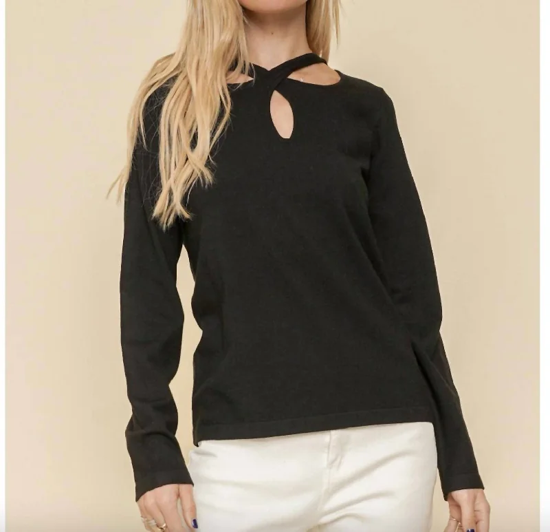 Women's Back-Open Pullovers-Cut Out Neck Sweater In Black