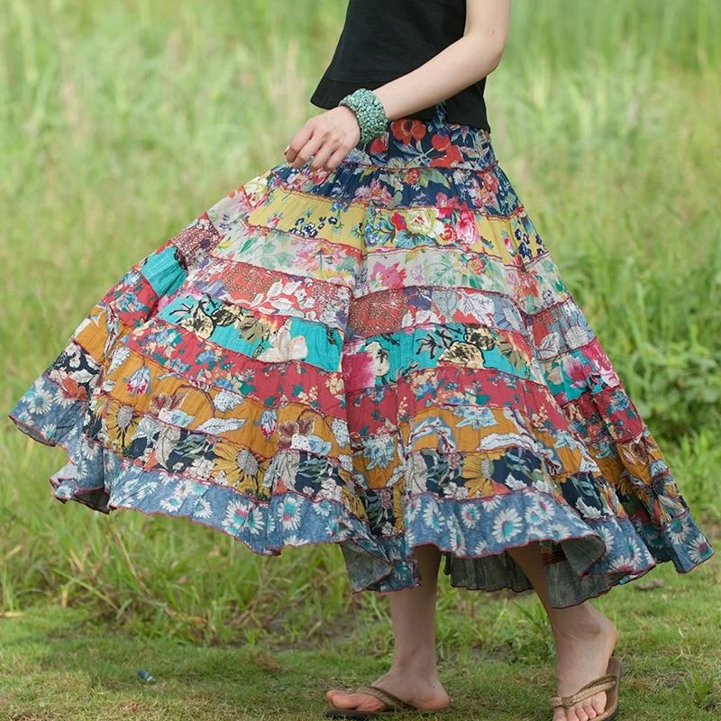 Women's Fleece Ruffle Skirts-Random Patchwork Hippie Skirt