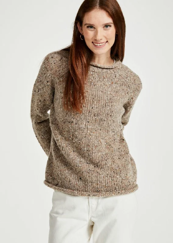 Women's Fleece Pencil Pullovers-Ladies Donegal Roll Neck Sweater | Oat