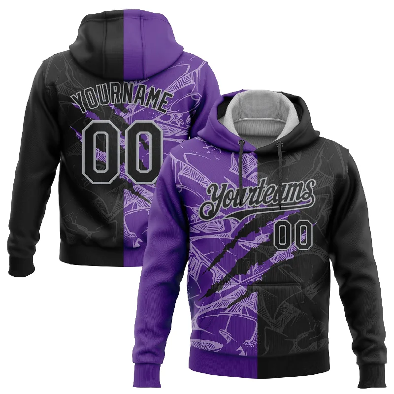 Women's Tunic Hoodies-Custom Stitched Graffiti Pattern Black Purple-Gray 3D Scratch Sports Pullover Sweatshirt Hoodie