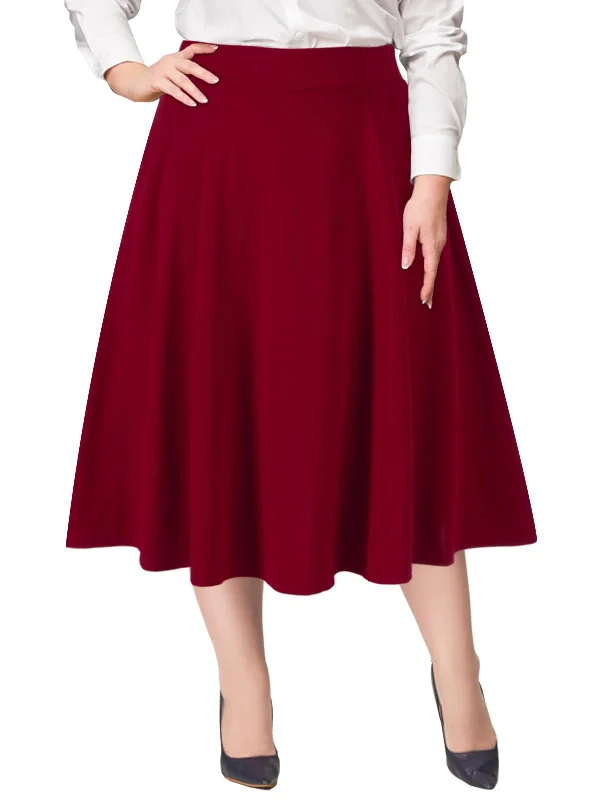 Women's Business Skirts-Plus Size Midi Skirt High Elastic Waist - Burgundy