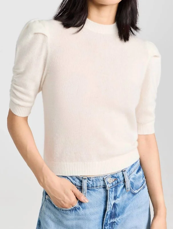 Women's Zip-Up Ruffle Pullovers-Ruched Sleeve Cashmere Sweater In Cream