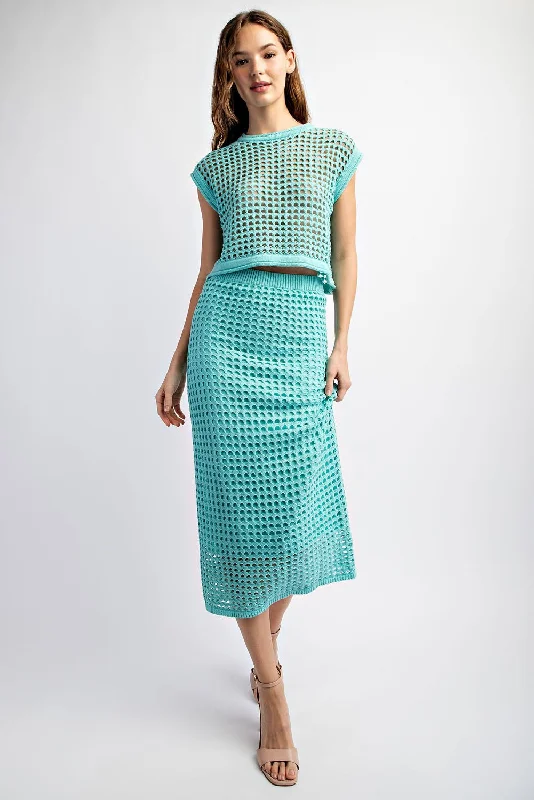 Women's Silk Pencil Skirts-Woven Way Crochet Set Skirt and Crop Top in MINT