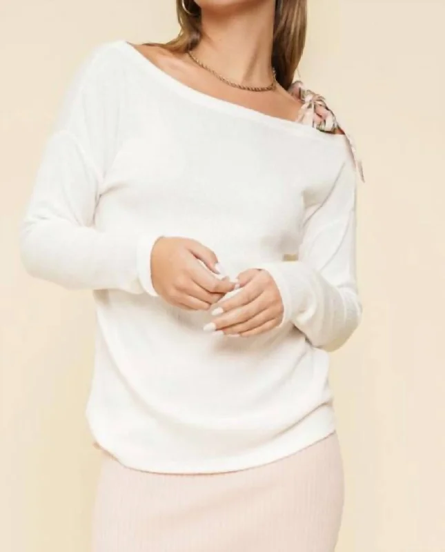 Women's Silk Ruffle Pullovers-One Shoulder Bow Top In White