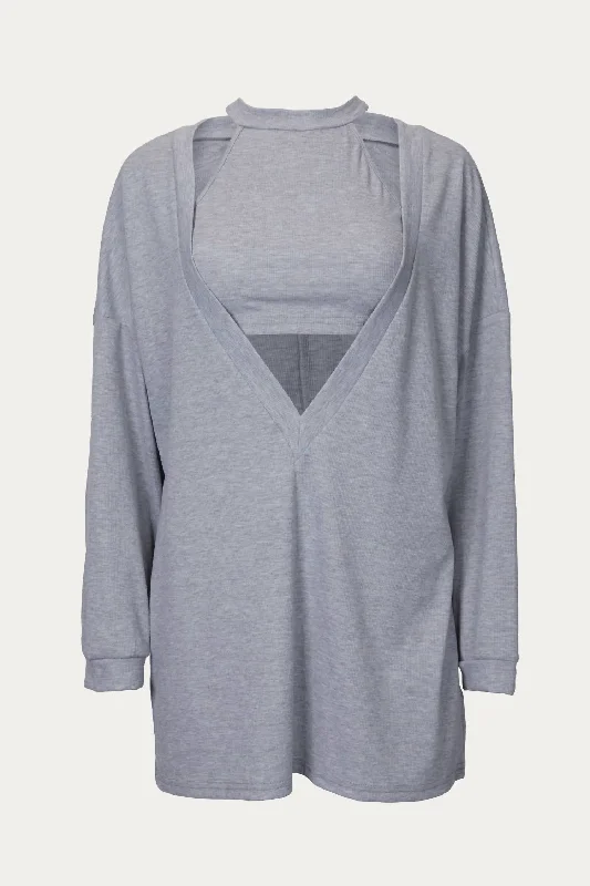 Women's Textured A-Line Pullovers-Cropped Tank And Pullover Two-Piece Set In Light Grey