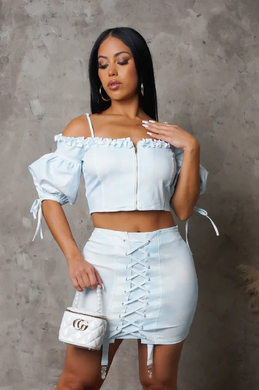 Women's Fringe Ruffle Skirts-Summer Lovin' Two Piece Skirt Set - Light Blue