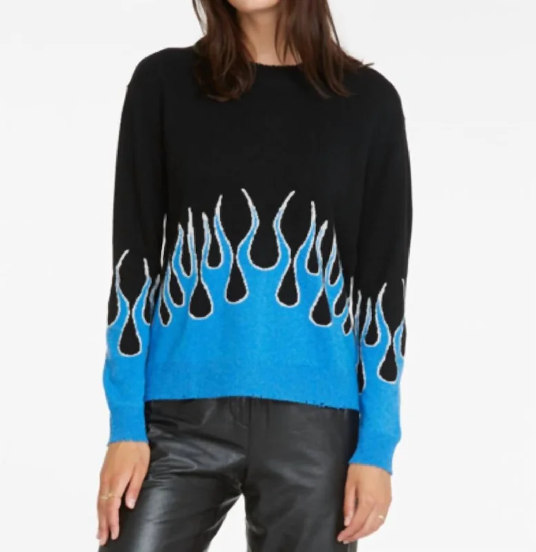 Women's Fringe Pencil Pullovers-Distressed Flame Crew Top In Maritime/black