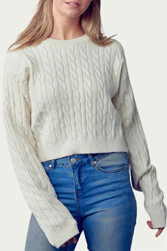 Women's Waterproof Pullovers-Cropped Cable-Knit Crewneck Sweater In Cream