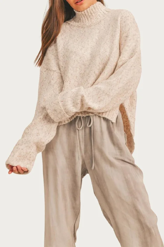 Women's Fringe A-Line Pullovers-Oversized Ribbed Turtleneck Sweater In Oatmeal