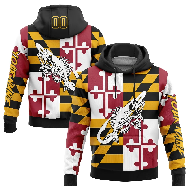 Women's Dolman Sleeve Hoodies-Custom Stitched Gold Black-Red 3D Maryland Flag And Fish Hook Skull Fishing Sports Pullover Sweatshirt Hoodie