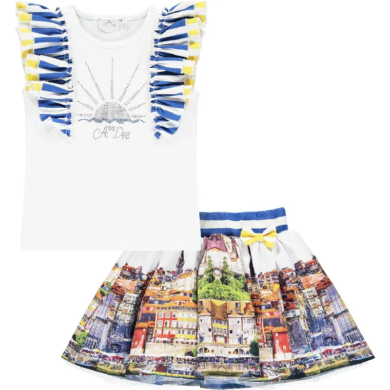 Women's Shimmer Floral Skirts-A DEE - Porto Print Skirt Two Piece Set - White/Blue