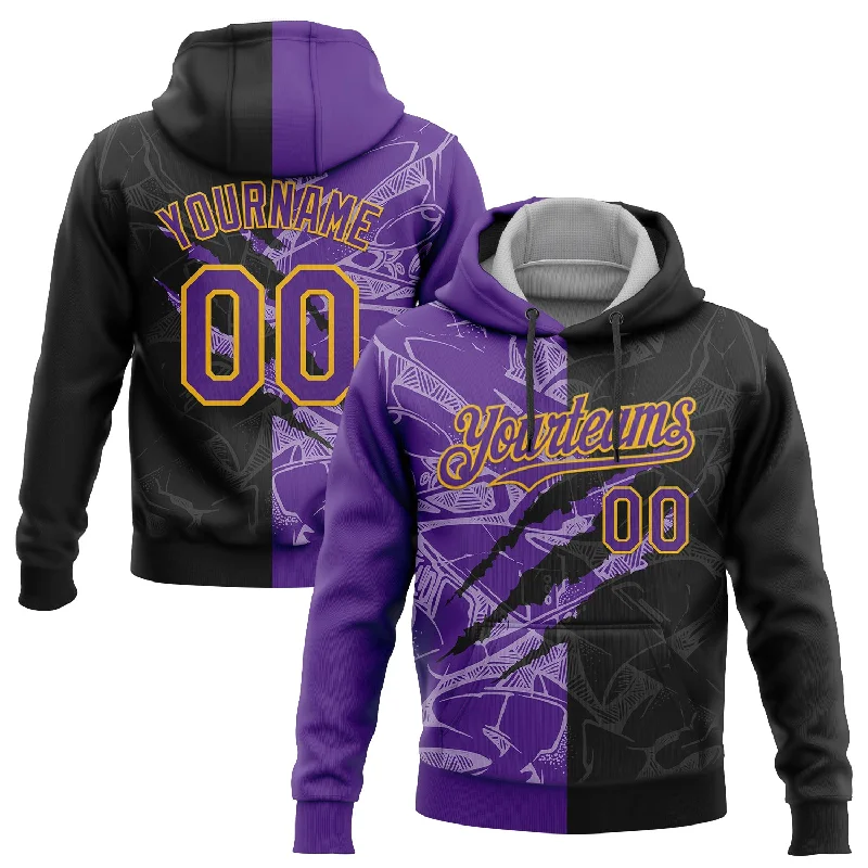 Women's Vintage Hoodies-Custom Stitched Graffiti Pattern Black Purple-Gold 3D Scratch Sports Pullover Sweatshirt Hoodie