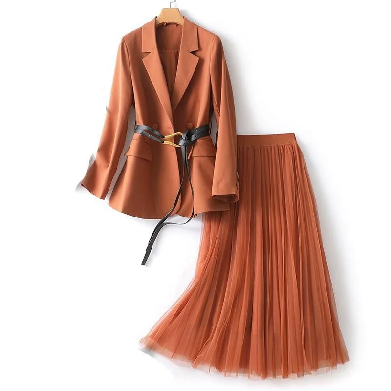 Women's Button-Front Pleated Skirts-Belted Outfit Skirt Suit Set