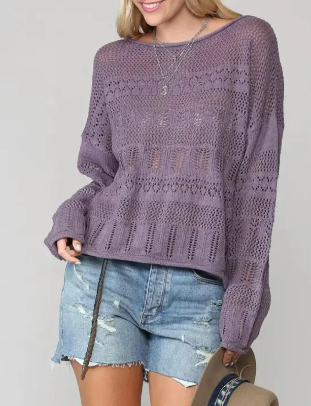 Women's Fringe Denim Pullovers-Open-Knit Cotton-Blend Sweater In Purple