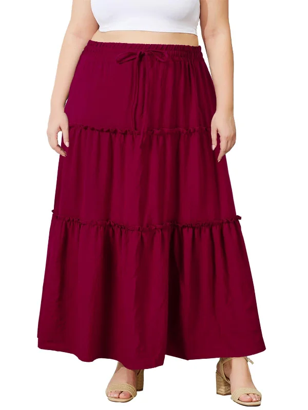 Women's Fleece Denim Skirts-Plus Size Boho Maxi Skirt A Line Flowy - Wine Red