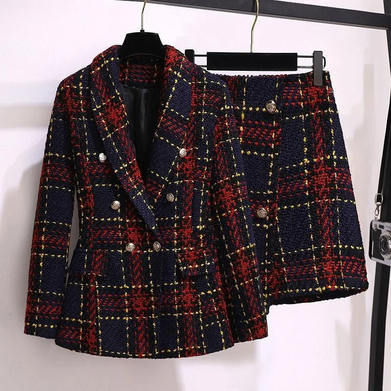 Women's Cotton Skirts-Red Plaid Tweed Skirt Suit