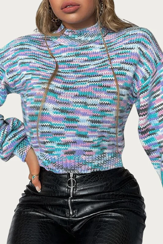 Women's Slit Pencil Pullovers-Cropped Mock Neck Space-Dyed Sweater In Multi