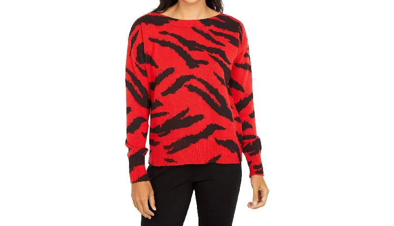 Women's Fleece Pullovers-Well Red Boatneck Sweater In Red/black