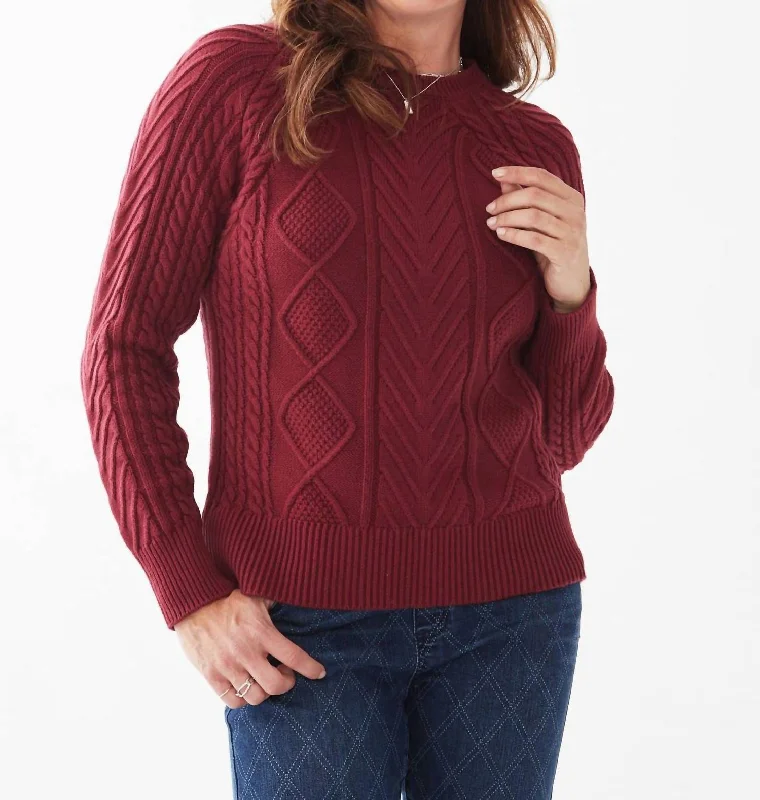 Women's Satin Floral Pullovers-A-Line Cable Raglan Sweater In Cabernet