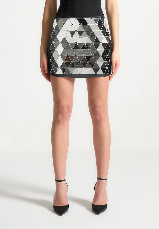 Women's Metallic A-Line Skirts-Leather Mirrored Mini Skirt - Silver/Black