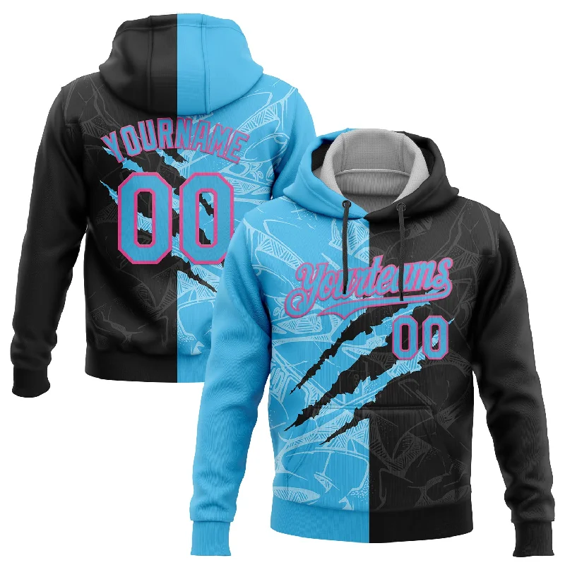 Women's Stone Wash Hoodies-Custom Stitched Graffiti Pattern Black Sky Blue-Pink 3D Scratch Sports Pullover Sweatshirt Hoodie