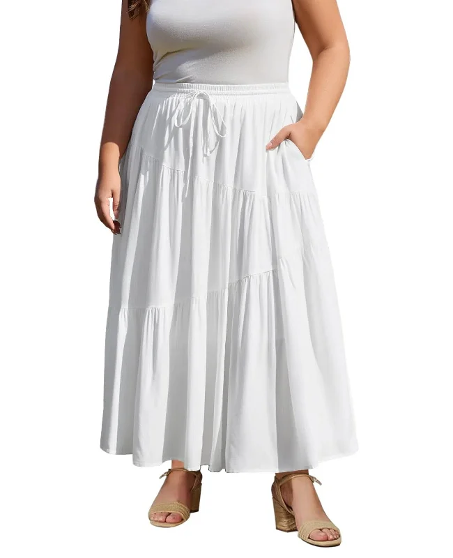 Women's Tulle Pleated Skirts-Plus Size Tiered Maxi Skirt-White