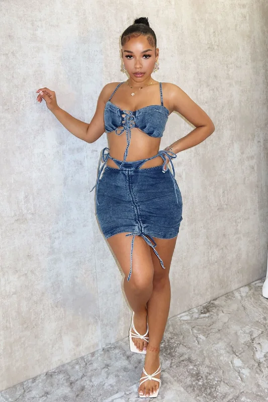 Women's Metallic A-Line Skirts-Love Addiction Denim Crop Top & Skirt SET