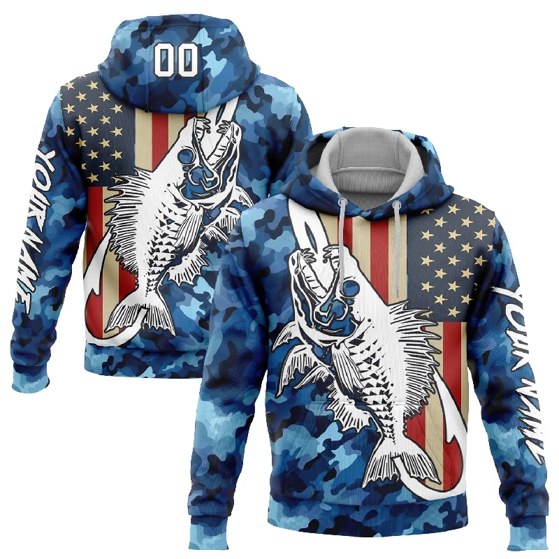 Women's Double Layer Hoodies-Custom Stitched Camo White-Black 3D American Flag And Fish Hook Skull Fishing Sports Pullover Sweatshirt Salute To Service Hoodie