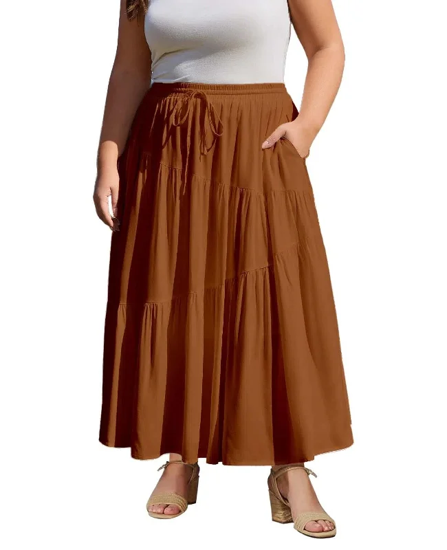 Women's Tulle Ruffle Skirts-Plus Size Tiered Maxi Skirt-Orange