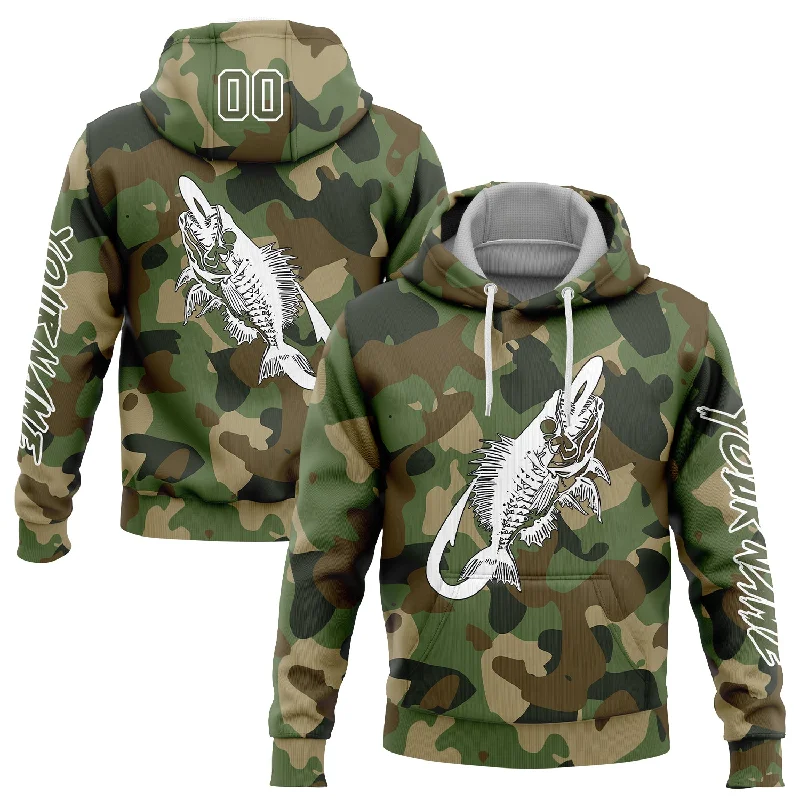 Women's Art Print Hoodies-Custom Stitched Camo Olive-White 3D Fish Hook Skull Fishing Sports Pullover Sweatshirt Salute To Service Hoodie