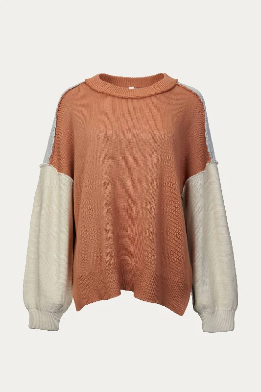 Women's Thermal Pleated Pullovers-Slouchy Colorblock Knit Sweater In Multi Clay