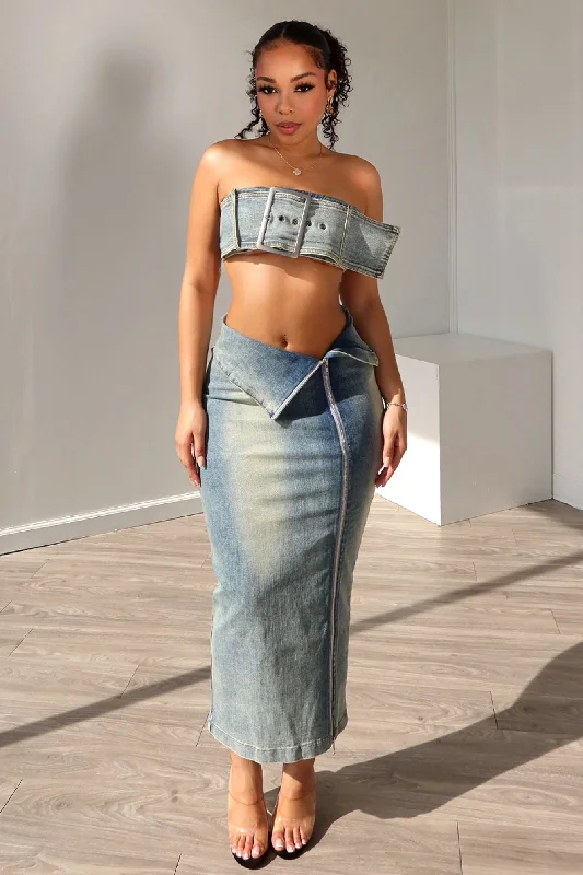 Women's Office Skirts-Revenge Denim Tube Top & Skirt SET