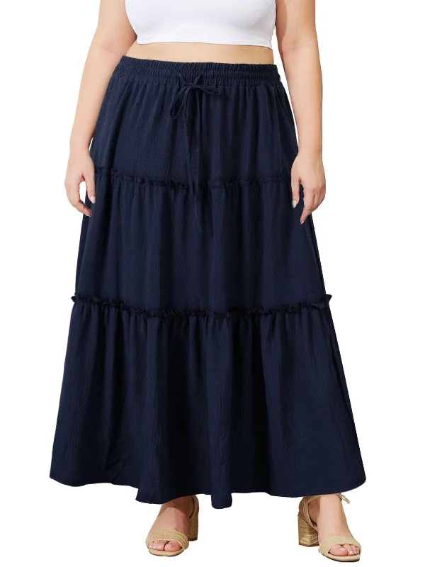 Women's Fashion Skirts-Plus Size Boho Maxi Skirt A Line Flowy - Navy Blue