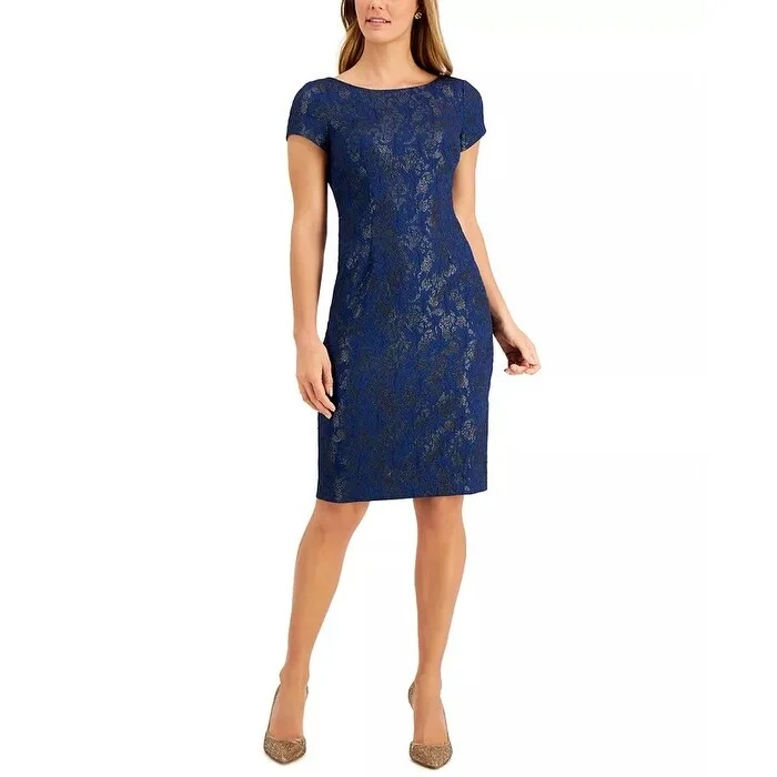 Women's Casual Festival Floral Dresses-Adrianna Papell Women's Cap Sleeve Sheath Dress Navy Size 10