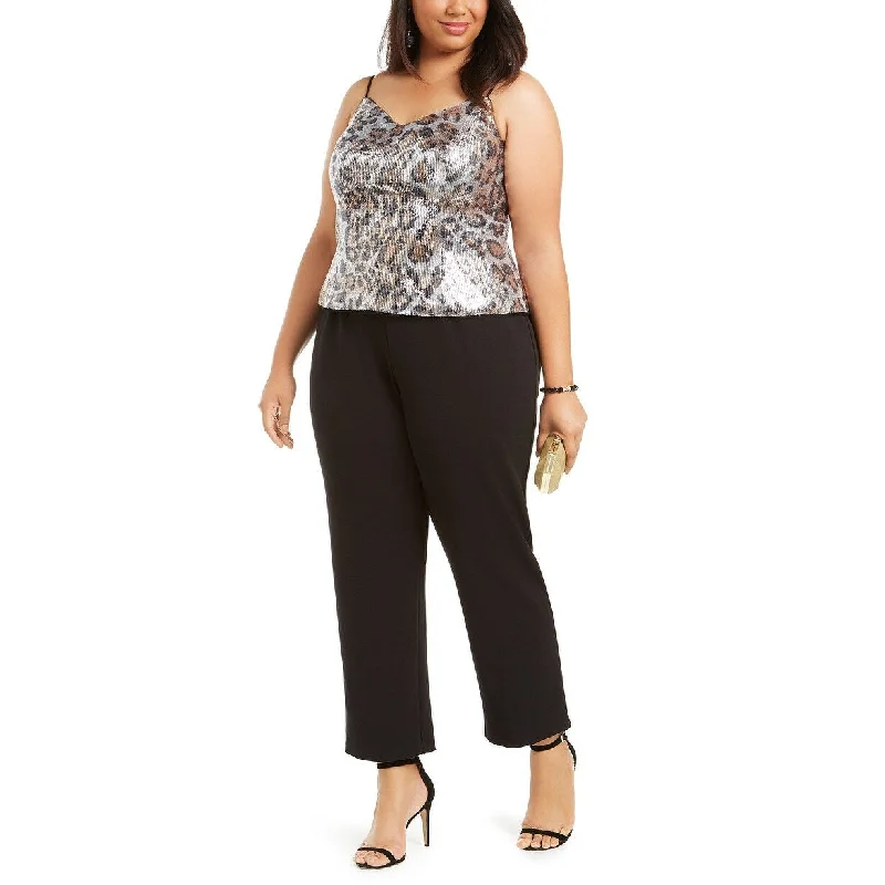 Women's Casual Brunch Print Dresses-Adrianna Papell Women's Plus Size Leopard Sequin Jumpsuit Black Size 16