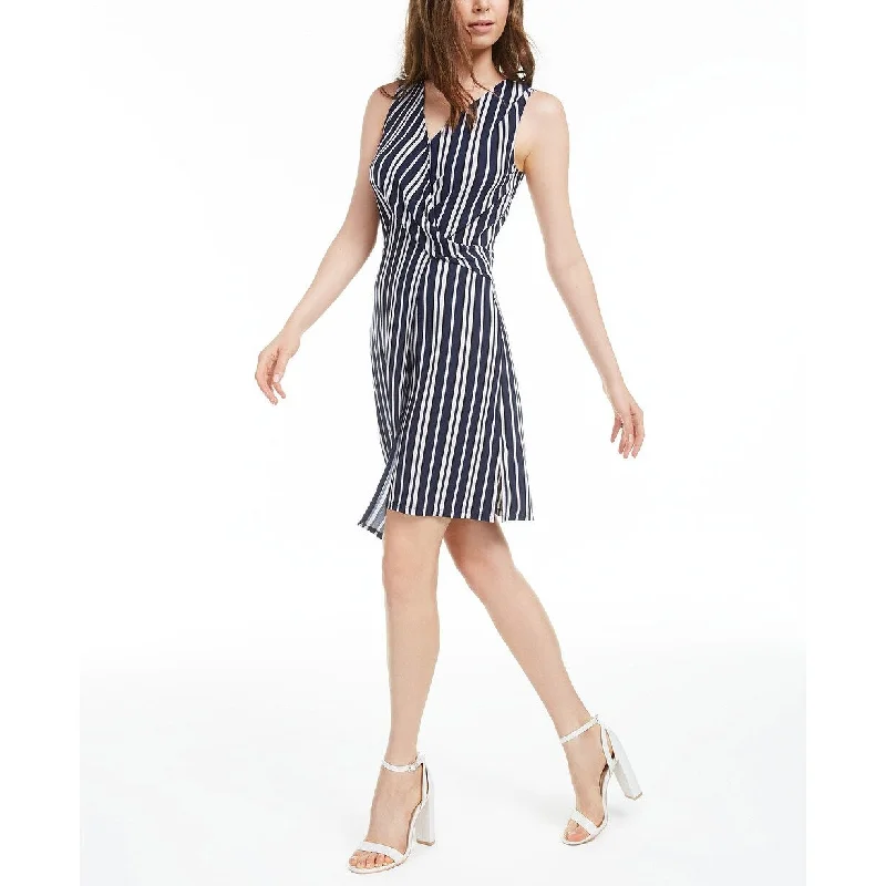 Women's Casual Everyday Dresses-Bar III Women's Asymmetrical Striped Dress Navy Size X-Large