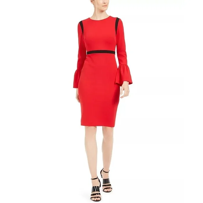 Women's Casual Sundress Solid Color Dresses-Calvin Klein Women's Color-Blocked Bell-Sleeve Sheath Dress Medium Red Size 8