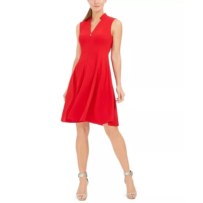 Women's Casual Weekend Solid Color Dresses-Calvin Klein Women's Petite Star-Neck A-Line Dress Red Size 2 P