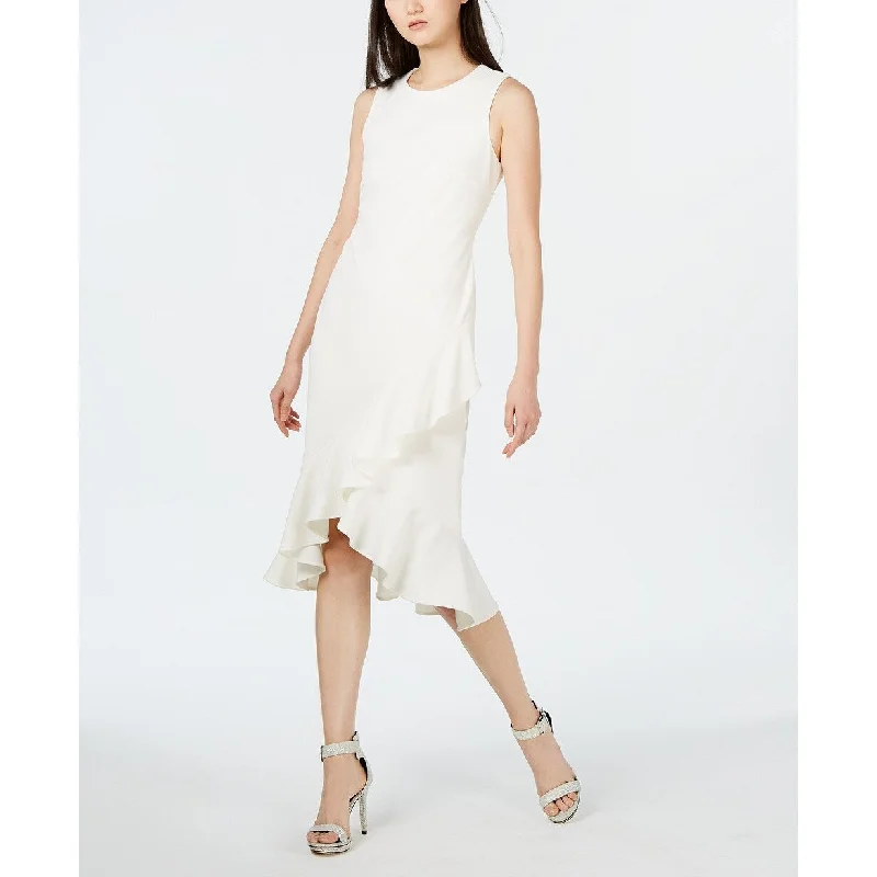 Women's Casual Errand Dresses-Calvin Klein Women's Sleeveless Ruffled Wrap-Hem Dress White Size 8