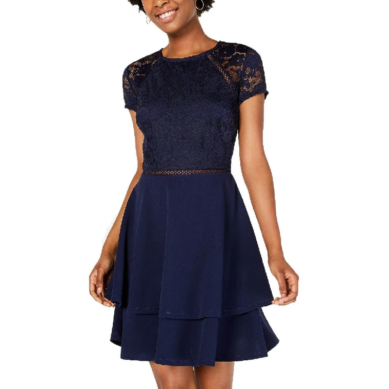 Women's Casual Picnic Solid Color Dresses-City Studios Juniors' Lace-Sleeve Dress Navy Size 13"