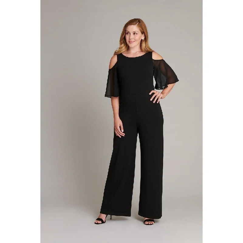 Women's Casual Weekend Floral Dresses-Connected Women's Cold-Shoulder Wide-Leg Jumpsuit Black Size 12