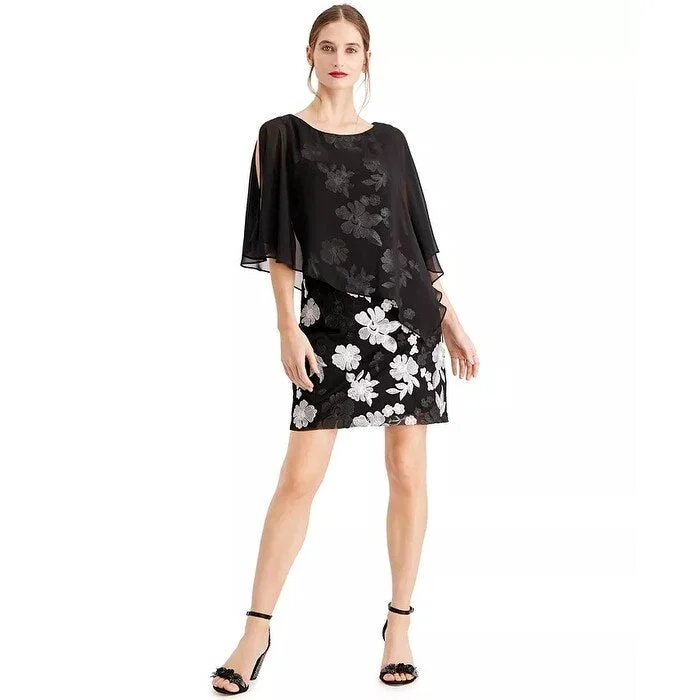 Women's Casual Cap Sleeve Dresses-Connected Women's Embroidered Chiffon Capelet Dress Black Size 6