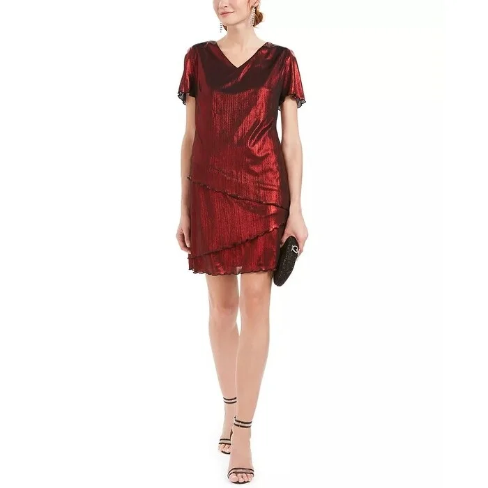 Women's Casual High-Low Dresses-Connected Women's Tiered Metallic A Line Dress Red Size 4 P - 0.666666666666667