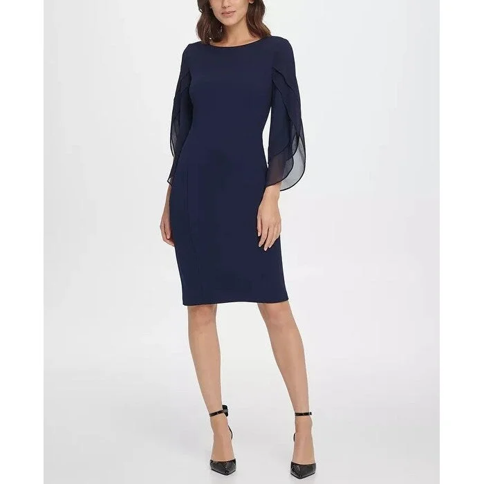 Women's Casual Family Gathering Dresses-DKNY Women's Sheath With 3/4 Chiffon Sleeves Navy Size 8