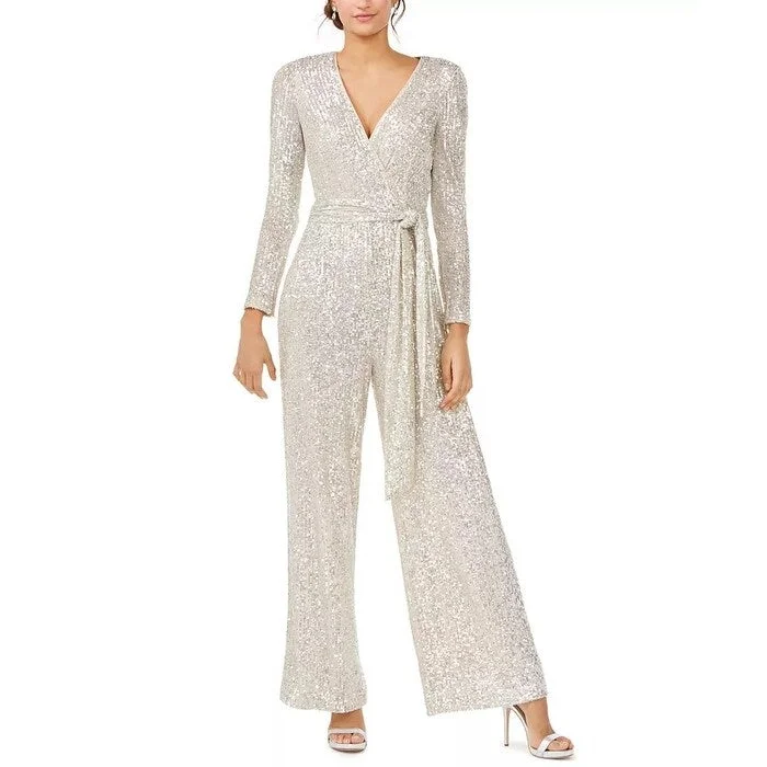 Women's Casual Drop Waist Dresses-Eliza J Women's Sequinned Surplice Jumpsuit Silver Size 4 Petite - 4 Petite